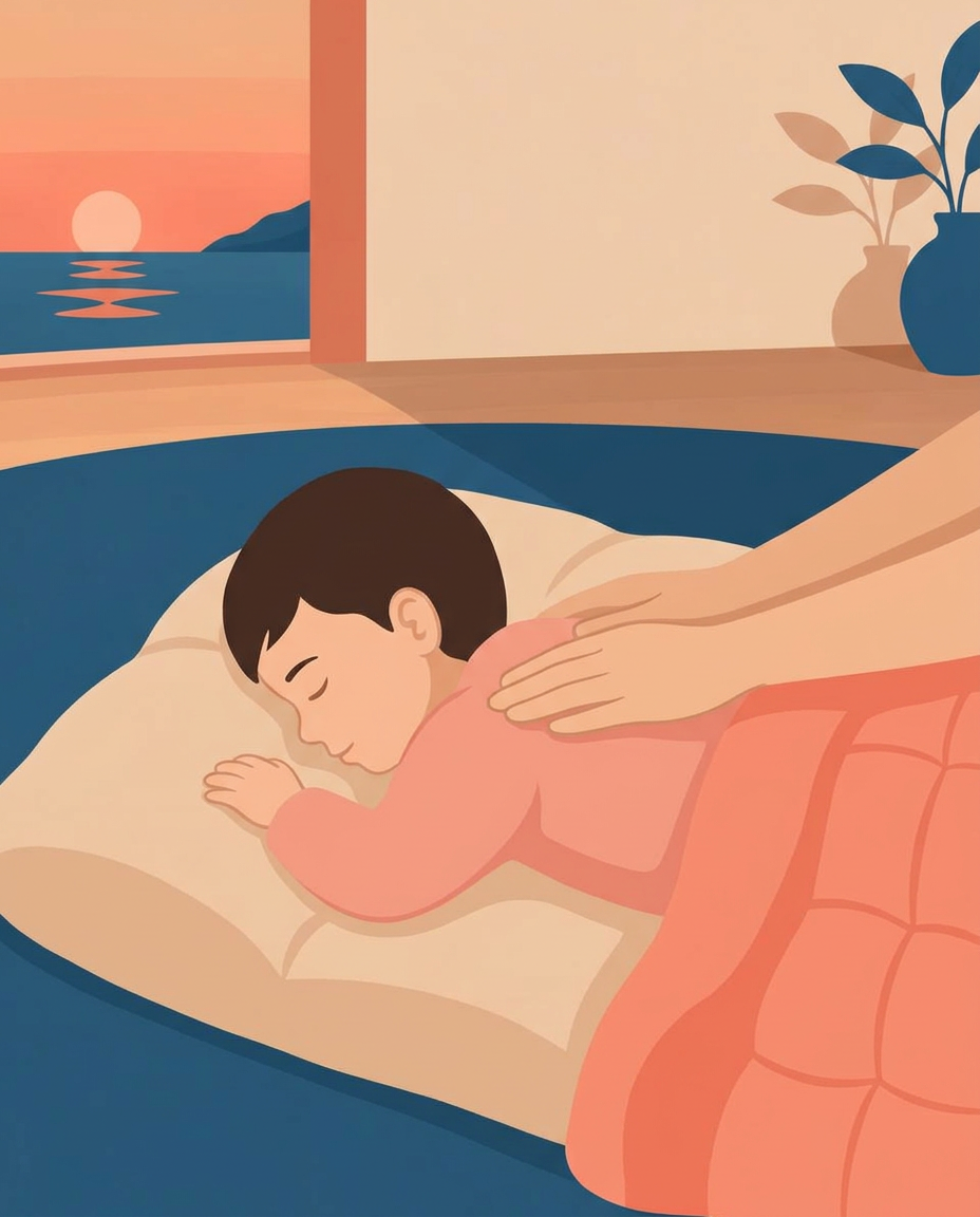 Illustration einer Erwachsenenhand und einer Kinderhand auf einem Futon