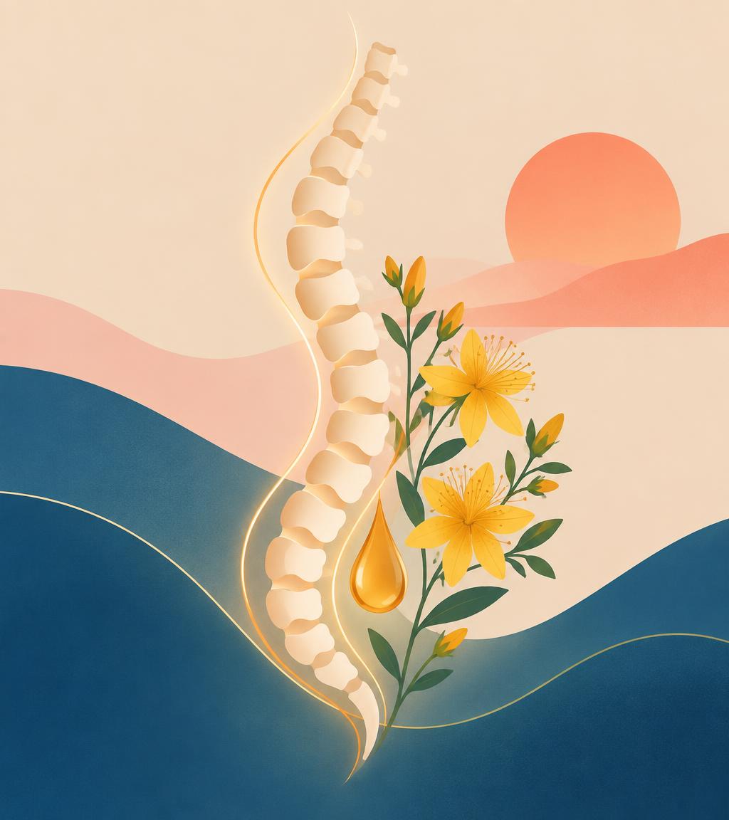 Illustration d'une colonne vertébrale, d'une goutte d'huile et de fleurs de millepertuis